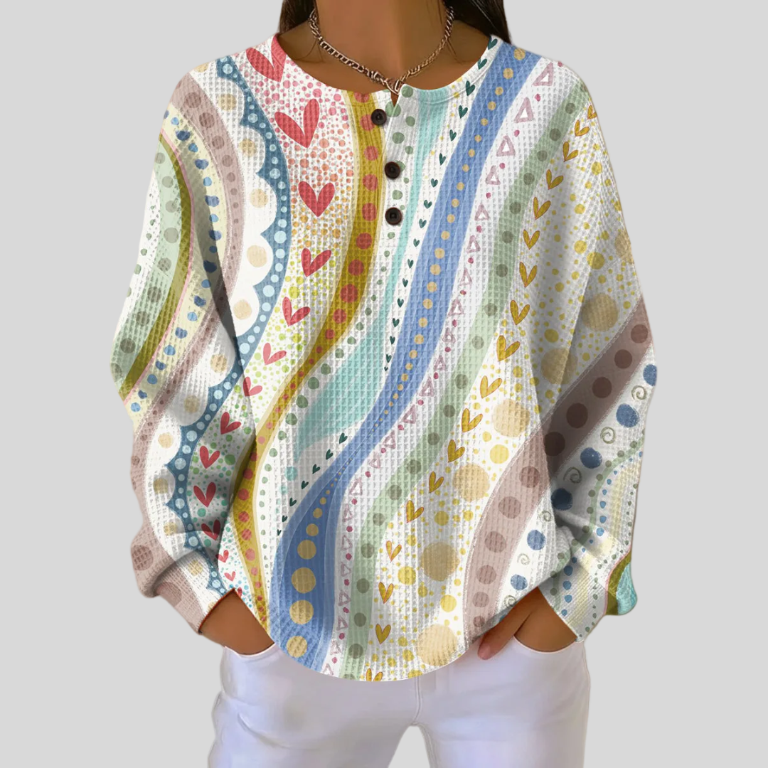 Lillian bohemian border print waffle knit sweater, front view