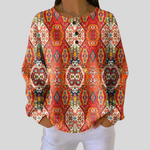 Sabrina red folk medallion waffle knit sweater, front view