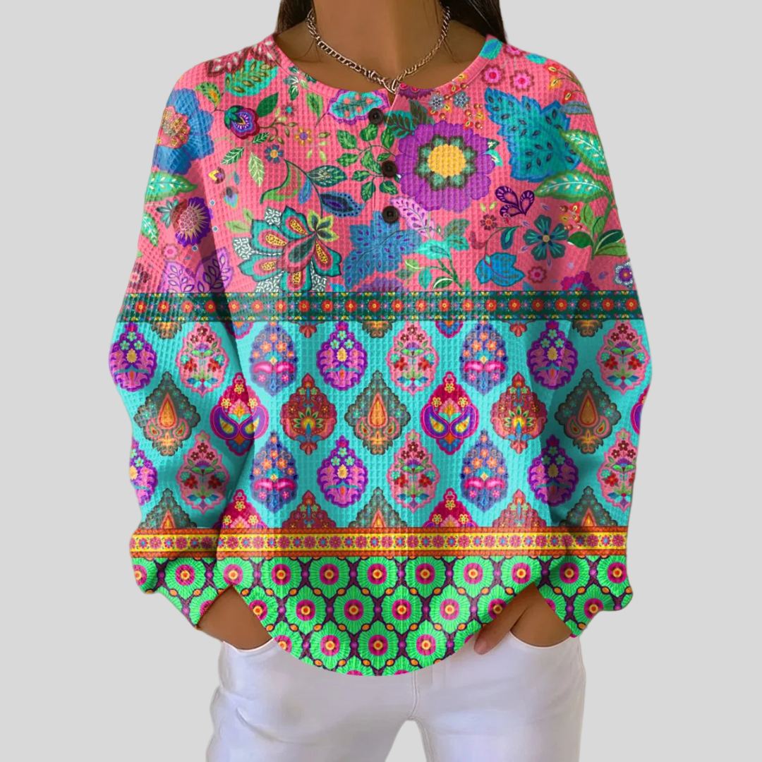 Sylvia bohemian medallion waffle knit sweater, front view
