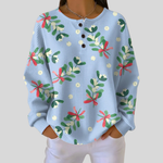 Noelle light blue mistletoe waffle knit sweater, front view