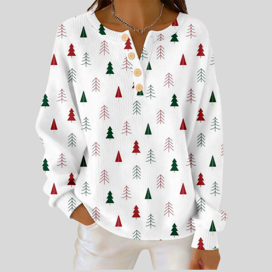 Bonnie red and green tree waffle knit sweater, front view