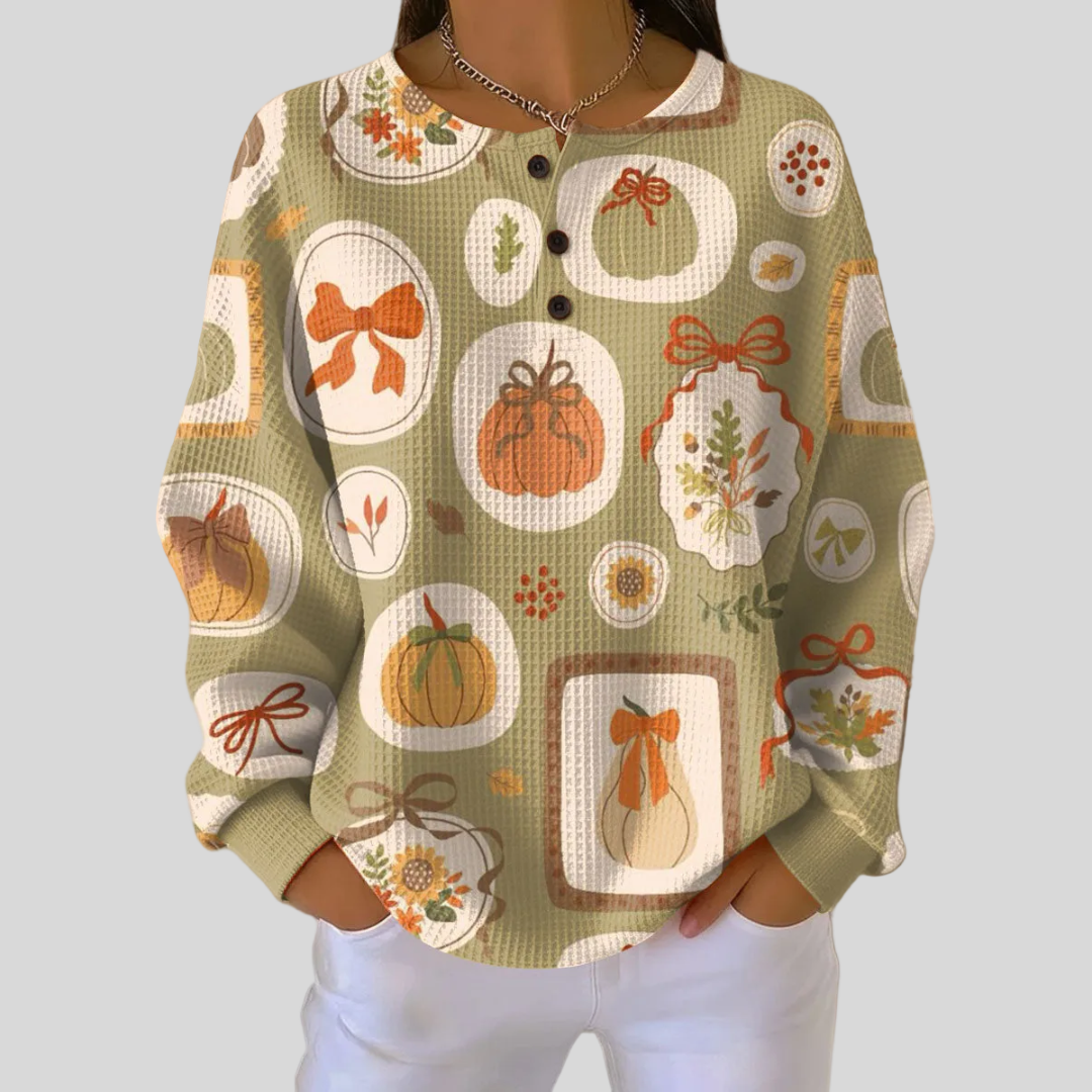 Frances bow and pumpkin waffle knit sweater, front view
