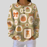Frances bow and pumpkin waffle knit sweater, front view