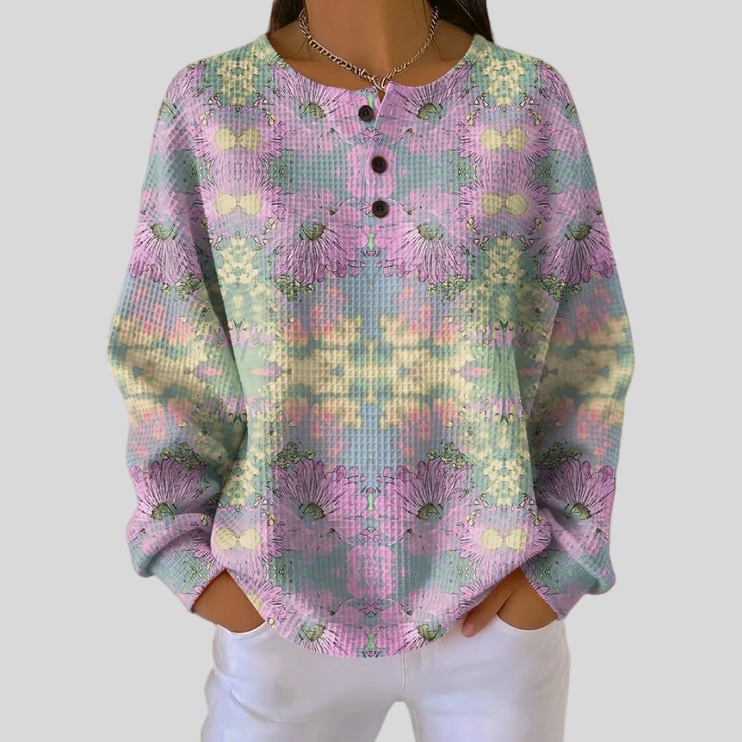 Amanda pastel daisy waffle knit sweater, front view