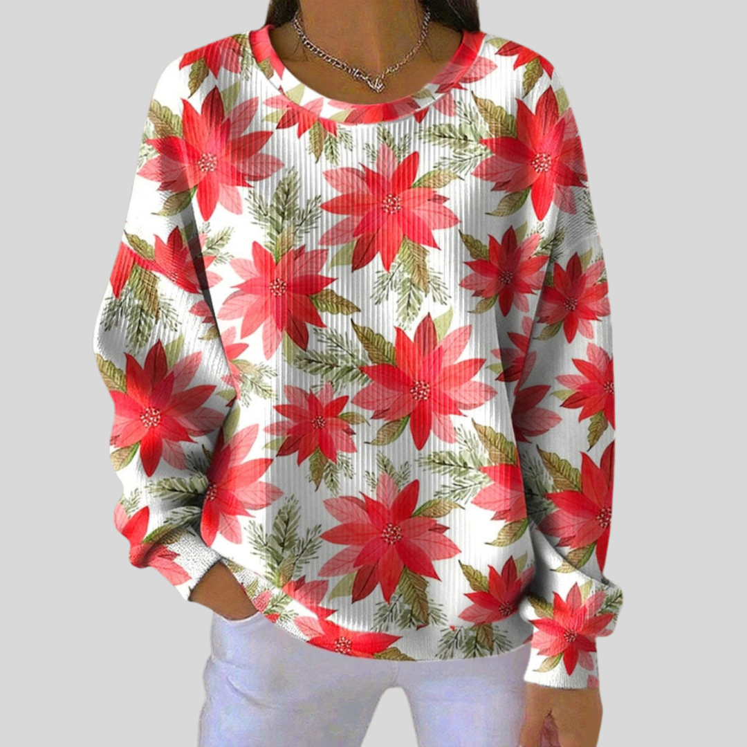 Tessa red poinsettia waffle knit sweater, front view