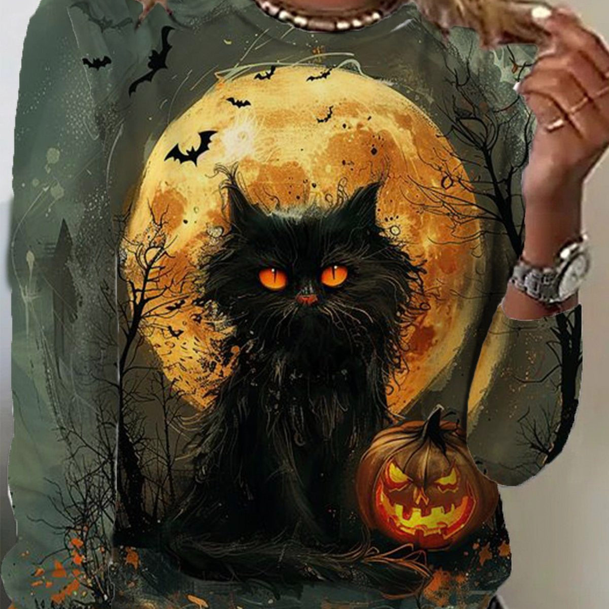 Laura Moonlit Cat Print Blouse in green, front view