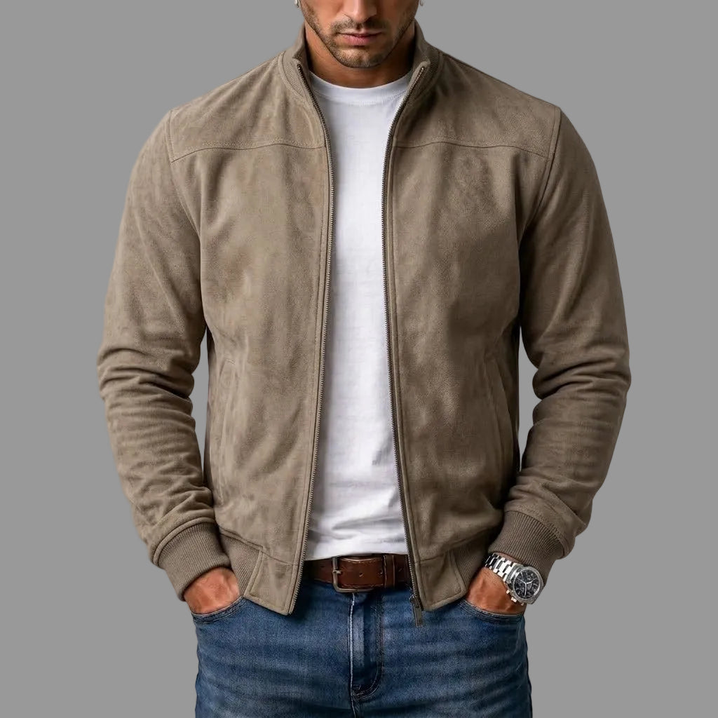 Alan men's faux suede stand collar bomber jacket in Khaki, view 4