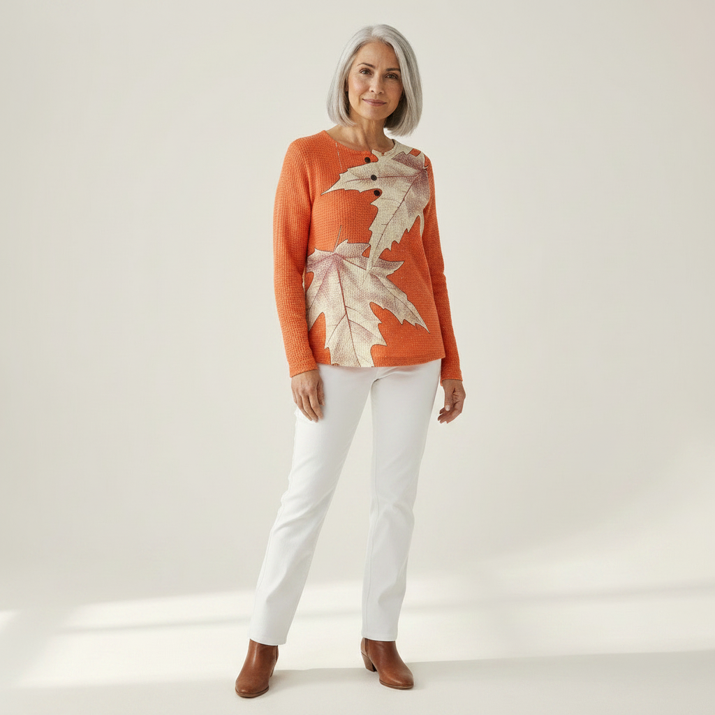 Marion orange maple leaf waffle knit sweater, view 3