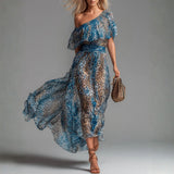 Lauren - Long chiffon dress with leopard print and bare shoulders