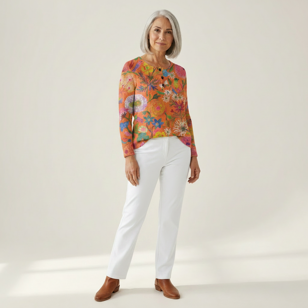 Florence orange floral waffle knit sweater, view 3