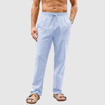 Thatcher men's linen drawstring pants in Blue, front view