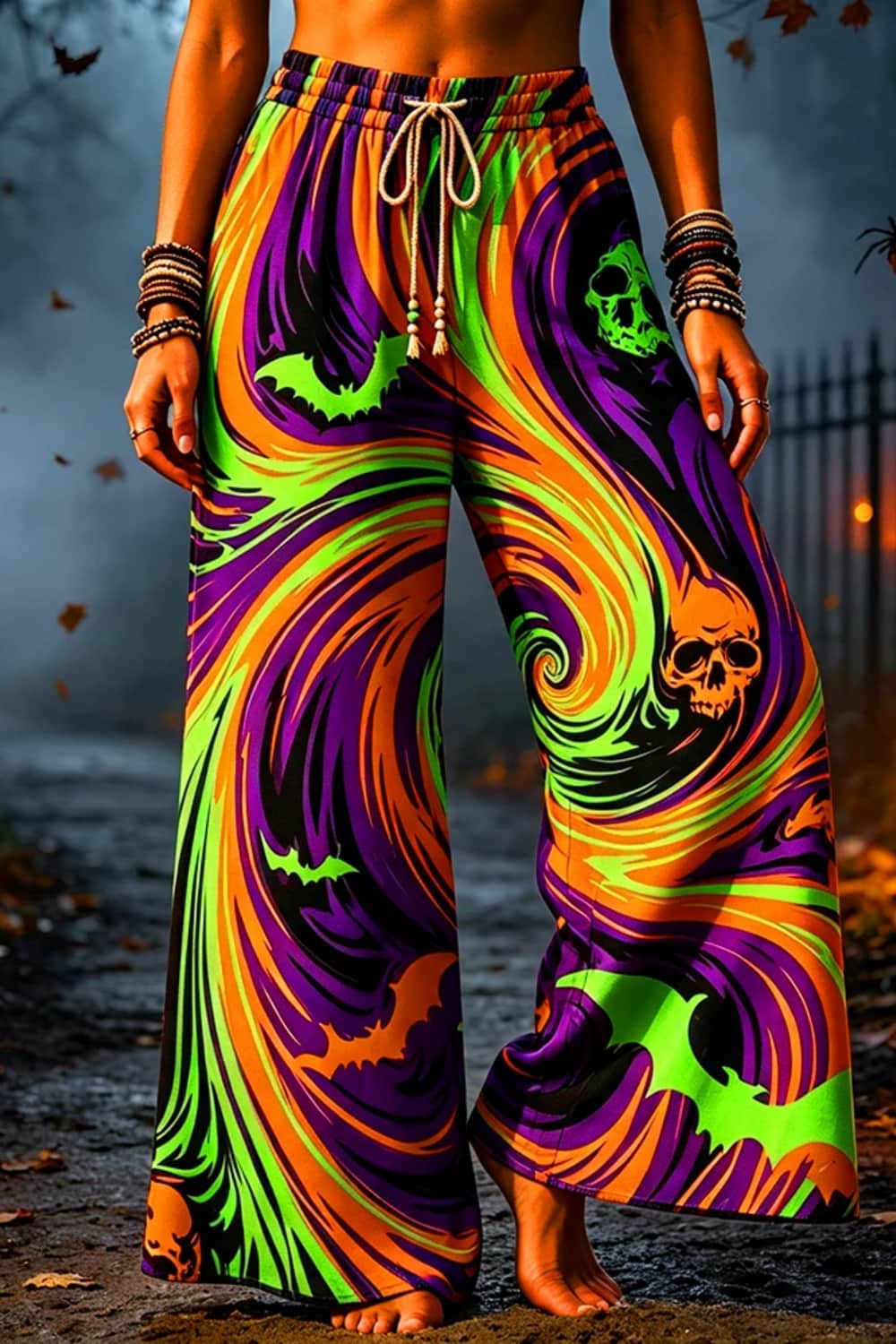 Jasmine skull swirl pants in purple, green, orange, black, front view