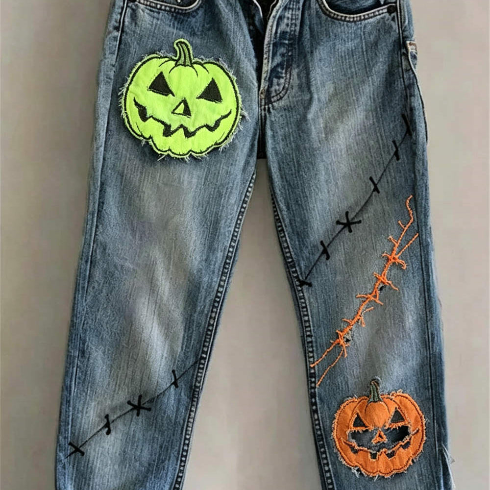 Celeste pumpkin skull straight leg jeans in blue, front view