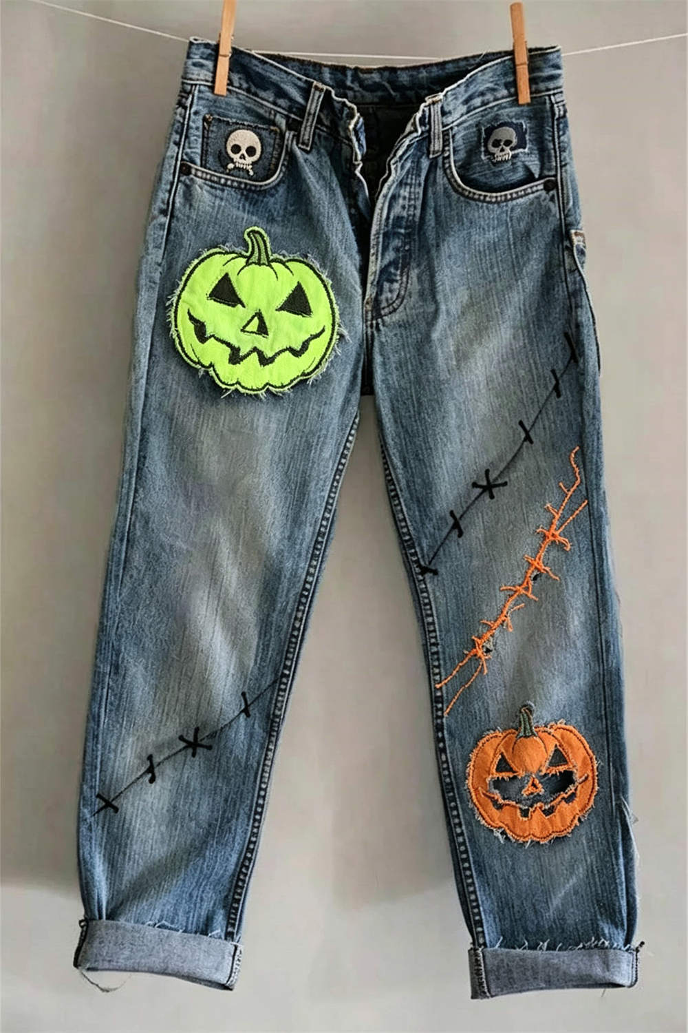 Celeste pumpkin skull straight leg jeans in blue, front view