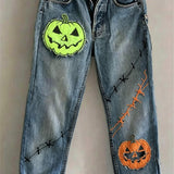 Celeste pumpkin skull straight leg jeans in blue, front view