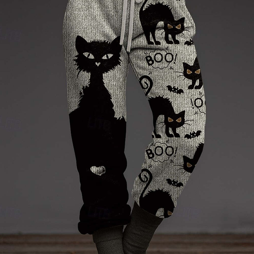 Vivian Cat Bat Jogger Pants in gray and black, front view