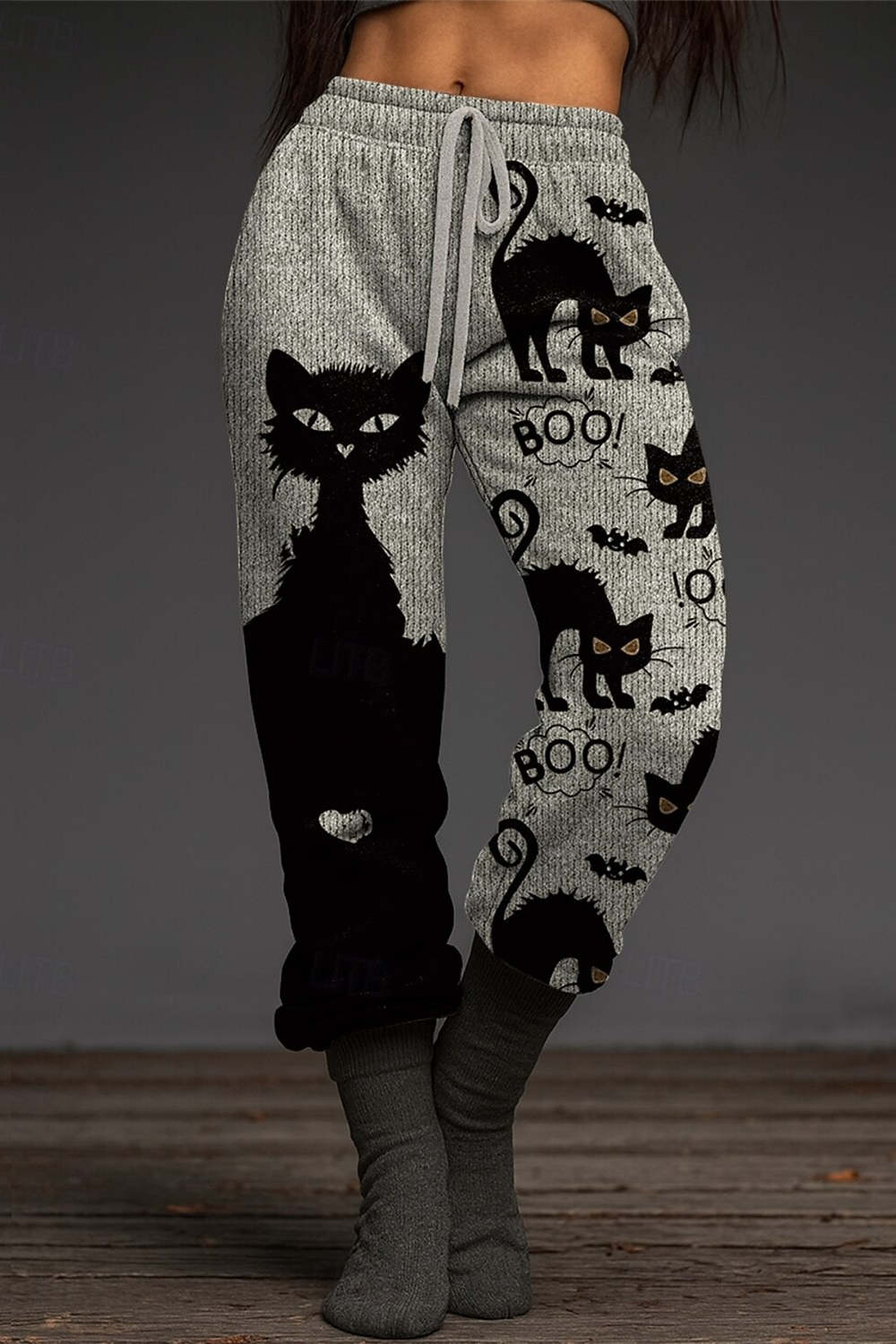 Vivian Cat Bat Jogger Pants in gray and black, front view