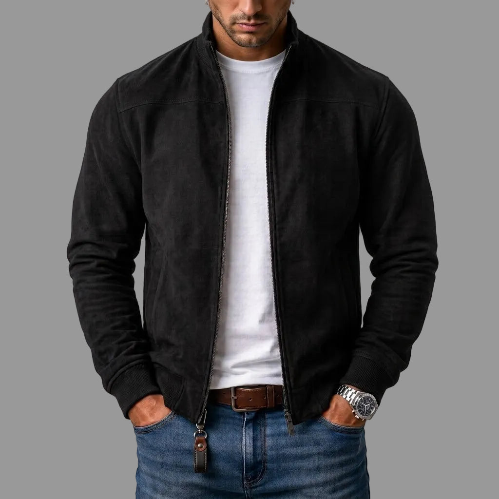 Alan men's faux suede stand collar bomber jacket in Black, front view