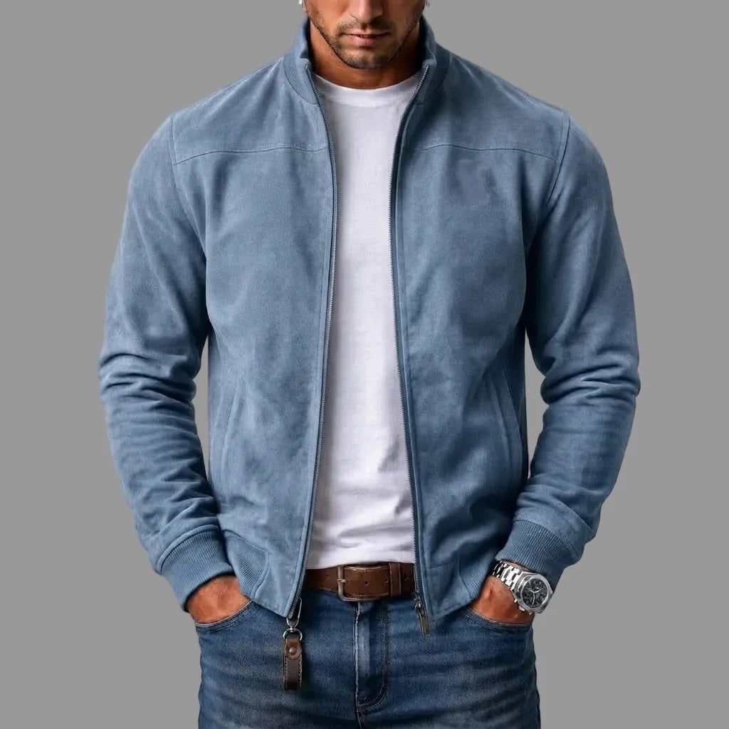 Alan men's faux suede stand collar bomber jacket in Sky Blue, view 10