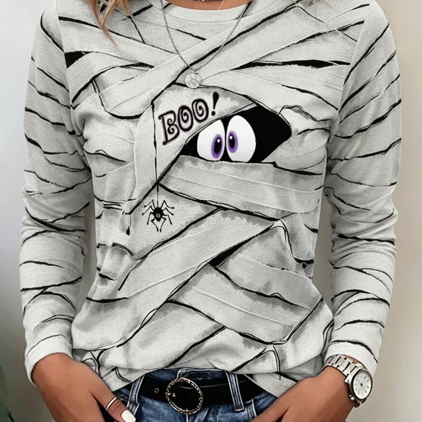 Caroline Mummy Boo Long Sleeve Top in gray, front view