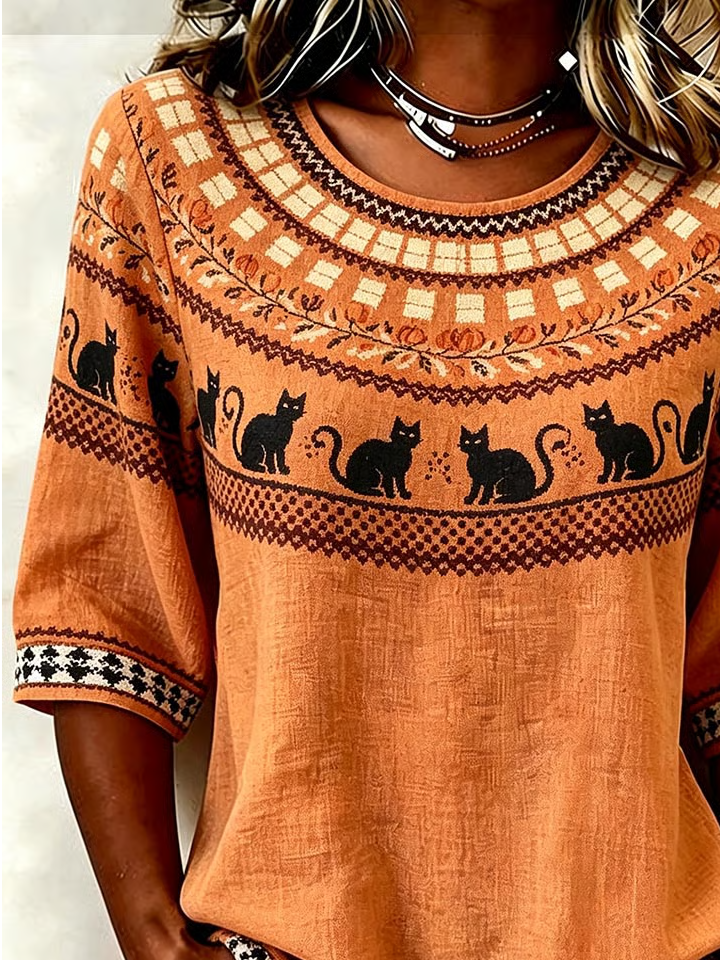 Carla Orange Cat Geometric Blouse, detail view