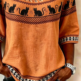 Carla | Vintage Round Neck Half Sleeve Halloween-Inspired Print Regular Micro-Elasticity Regular Fit Blouse For Women