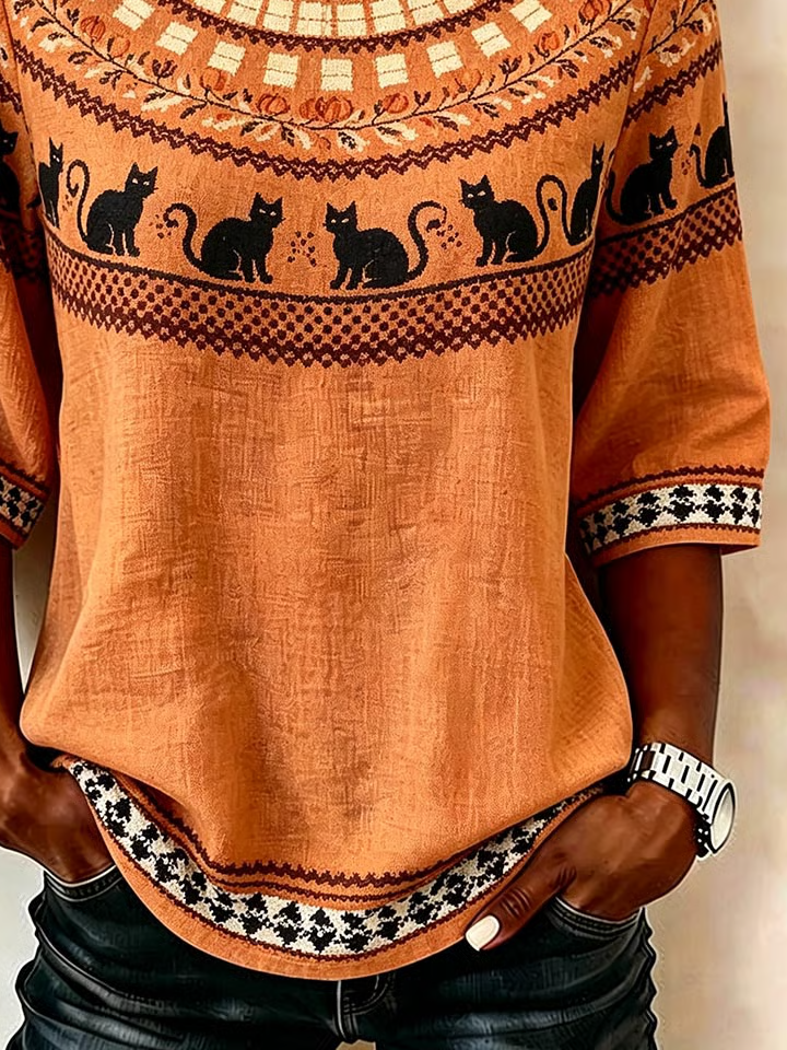 Carla Orange Cat Geometric Blouse, detail view