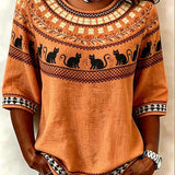 Carla | Vintage Round Neck Half Sleeve Halloween-Inspired Print Regular Micro-Elasticity Regular Fit Blouse For Women