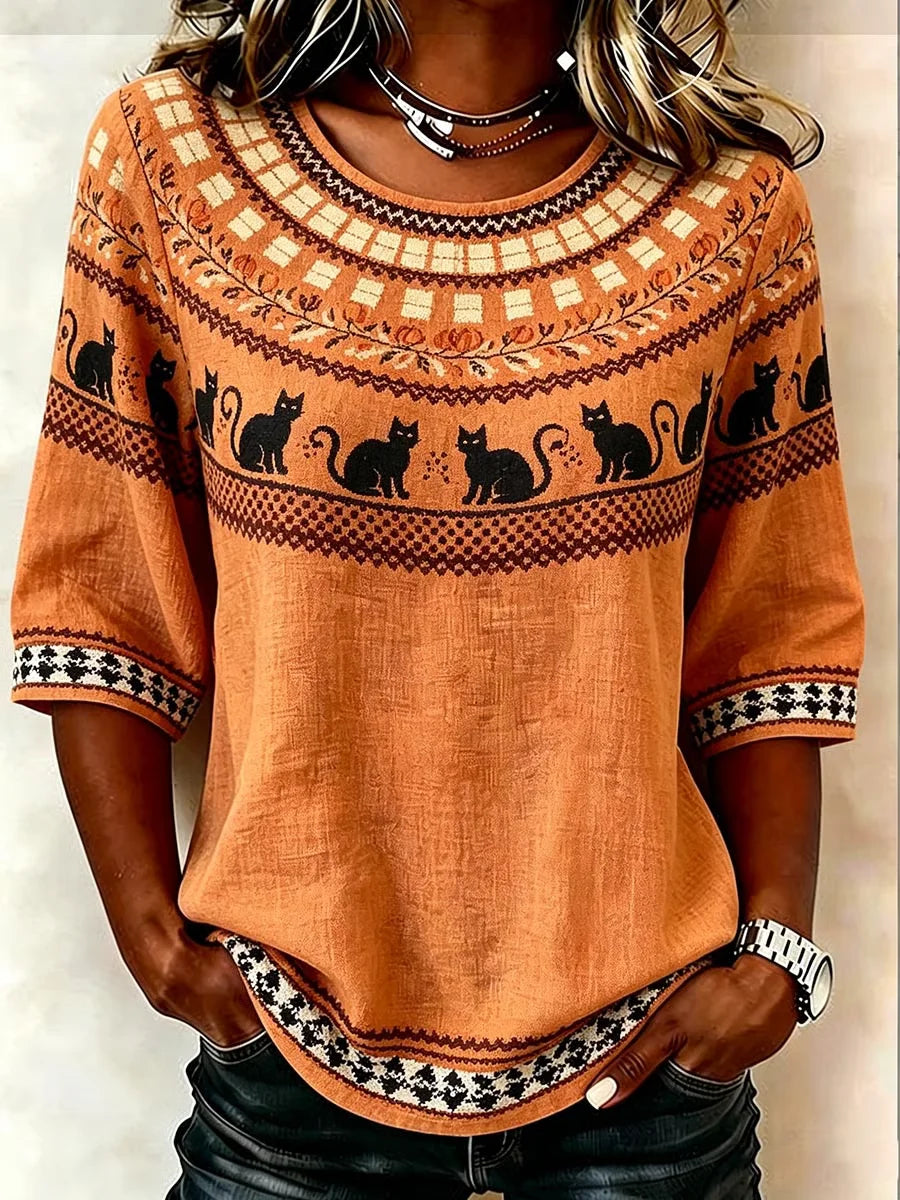 Carla Orange Cat Geometric Blouse in orange, front view