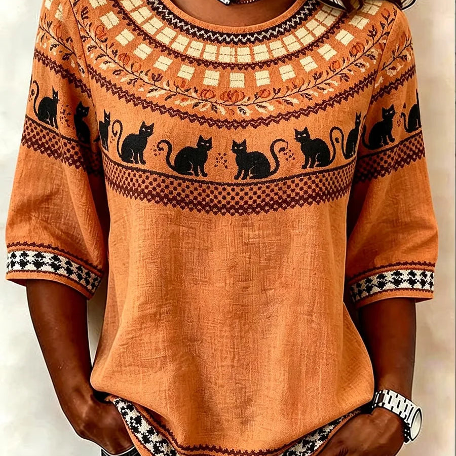Carla Orange Cat Geometric Blouse in orange, front view