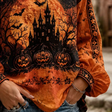 Brielle | Halloween-Inspired Blouse Round Neck Long Sleeve Print Top