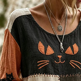 Katherine | Halloween Cat Casual Blouse Round Neck Long Sleeve Print Top