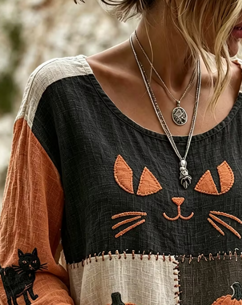 Katherine Cat Pumpkin Patchwork Blouse, detail view