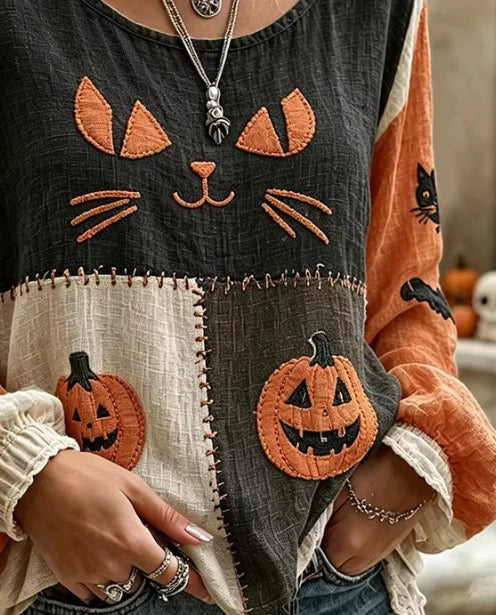 Katherine Cat Pumpkin Patchwork Blouse, detail view