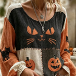 Katherine Cat Pumpkin Patchwork Blouse in orange and black, front view