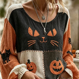 Katherine Cat Pumpkin Patchwork Blouse in orange and black, front view