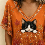 Cora cat pumpkin v neck t-shirt in orange, detail view