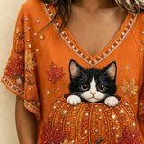 Cora cat pumpkin v neck t-shirt in orange, detail view