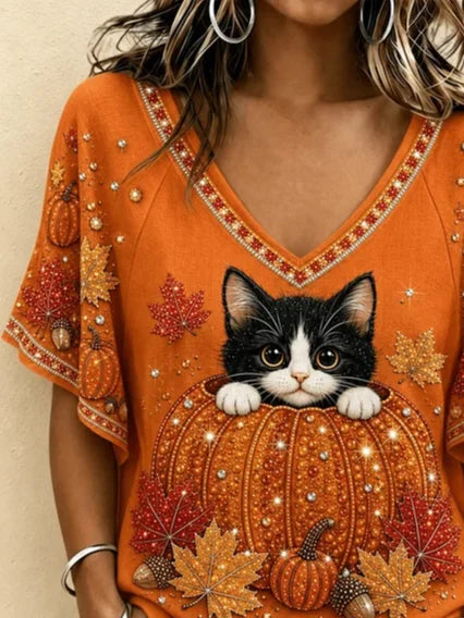Cora cat pumpkin v neck t-shirt in orange, detail view