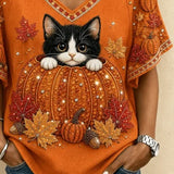 Cora cat pumpkin v neck t-shirt in orange, detail view