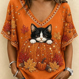 Cora | Halloween Casual Cat V Neck Short Sleeve T-shirt