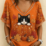 Cora cat pumpkin v neck t-shirt in orange, front view