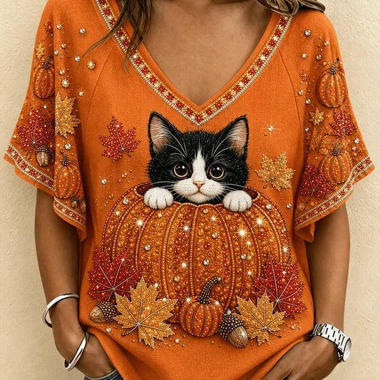Cora cat pumpkin v neck t-shirt in orange, front view