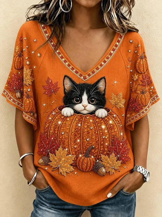 Cora cat pumpkin v neck t-shirt in orange, front view