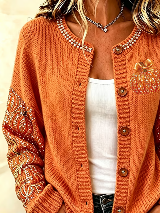 Maria pumpkin print cardigan in orange, detail view