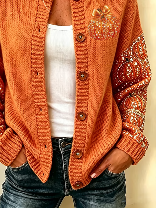 Maria pumpkin print cardigan in orange, detail view