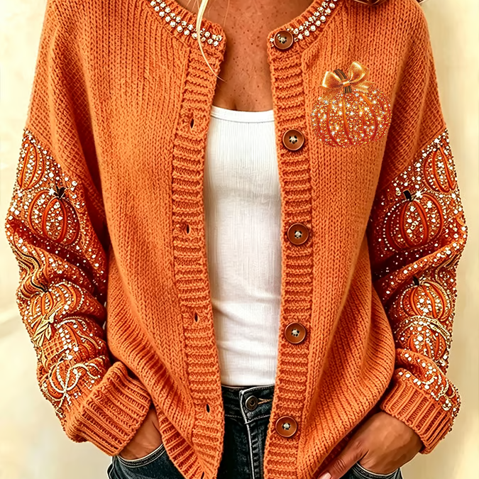 Maria pumpkin print cardigan in orange, front view