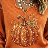 Julia | Halloween Vintage Pumpkin Pattern V Neck Long Sleeve T-shirt