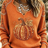 Julia | Halloween Vintage Pumpkin Pattern V Neck Long Sleeve T-shirt