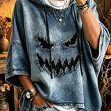 Ingrid Pumpkin Face Half Sleeve Hoodie in blue, front view